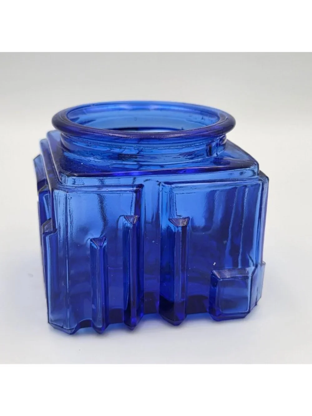 Cobalt Blue Art Deco Square Glass Vanity Powder Jar Textured No Lid 3.25